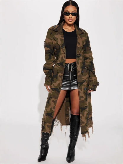 S391323 Cross-Border European and American Independent Station Aliexpress European and American Clothing Ripped Personalized Camouflage Long Windbreaker