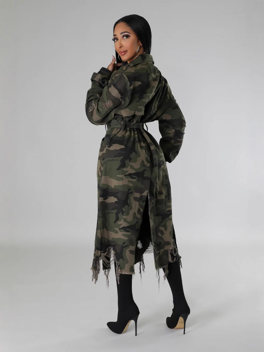 S391323 Cross-Border European and American Independent Station Aliexpress European and American Clothing Ripped Personalized Camouflage Long Windbreaker