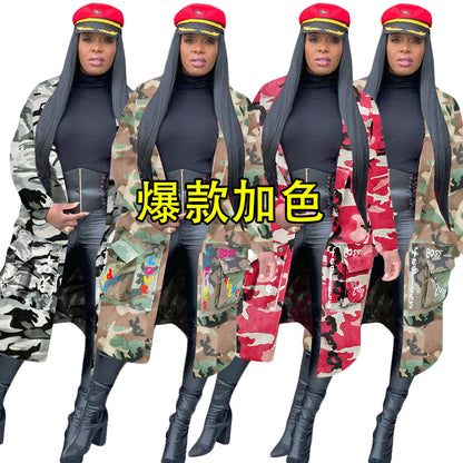 S3726 European and American Women's Long Casual Fashion European and American Camouflage Print Patch Jacket for Women