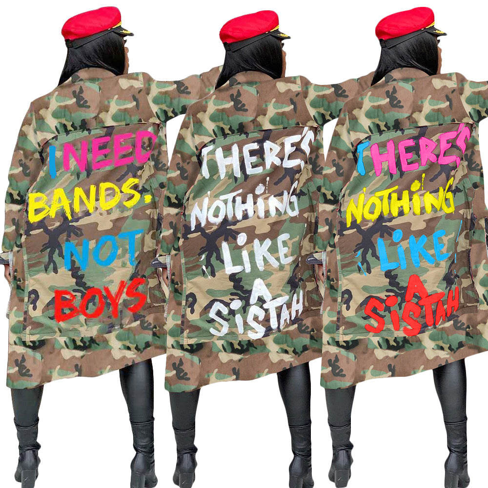 S3726 European and American Women's Long Casual Fashion European and American Camouflage Print Patch Jacket for Women