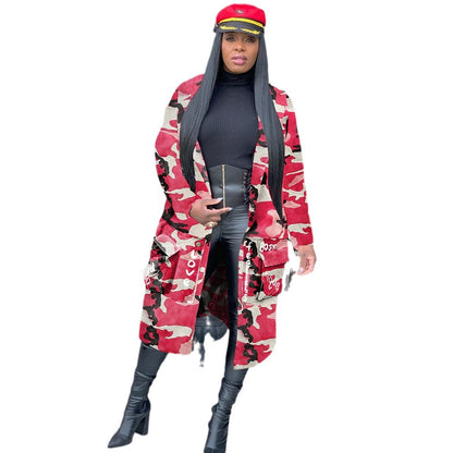 S3726 European and American Women's Long Casual Fashion European and American Camouflage Print Patch Jacket for Women