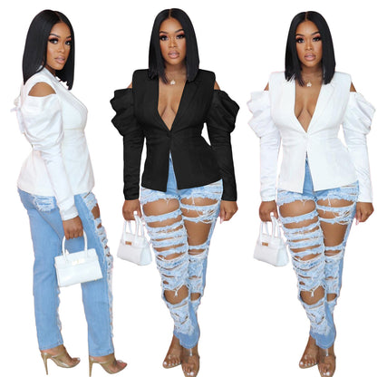 S390182 Foreign Trade Autum Sexy Fashion White European and American Women's Bubble Long-Sleeved Off-Shoulder Suit Small Jacket for Women