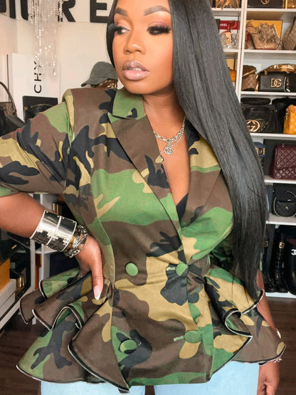 S391416 European and American Cross-Border Women's Clothing New Fashion Camouflage Print Suit Collar Double-Breasted Long-Sleeved Jacket for Women
