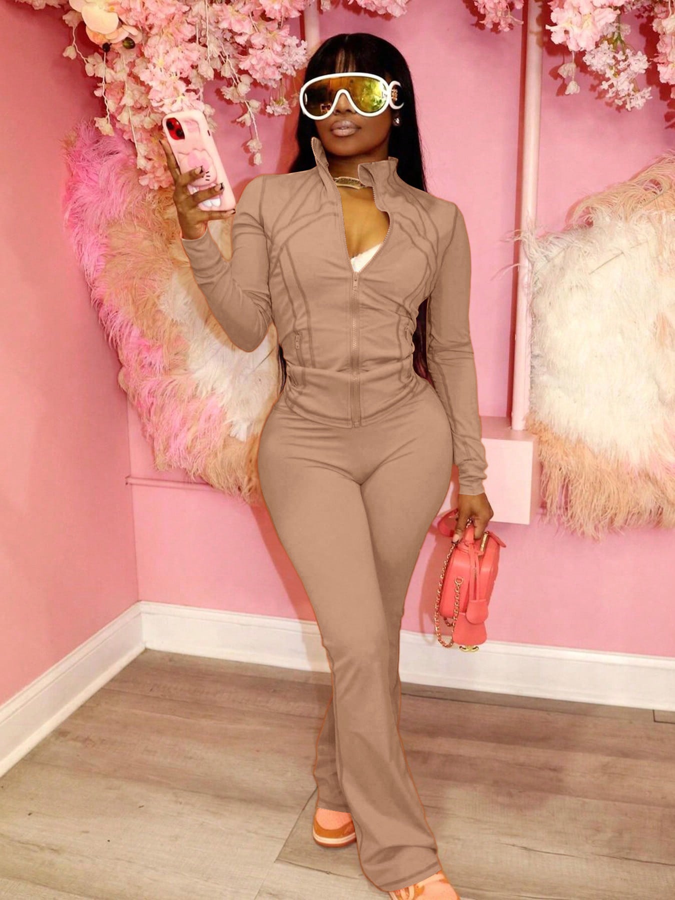 S391382 European and American Sports Casual Women's Clothing Cross-Border Supply Sexy Tight-Fitting Long-Sleeved Micro-Flared Two-Piece Set