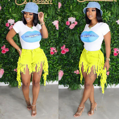 S3778 Cross-Border Wholesale European and American Ripped Tassel Brushed Denim Shorts Women's Jeans Casual Straight Pants