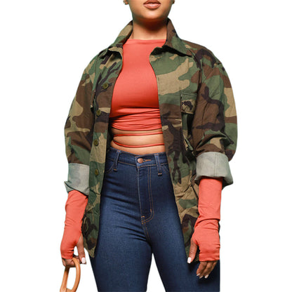 S390420 European and American Women's Clothing Long Casual Fashion European and American Camouflage Print Large Flap Pocket Pants Lapel Jacket for Women