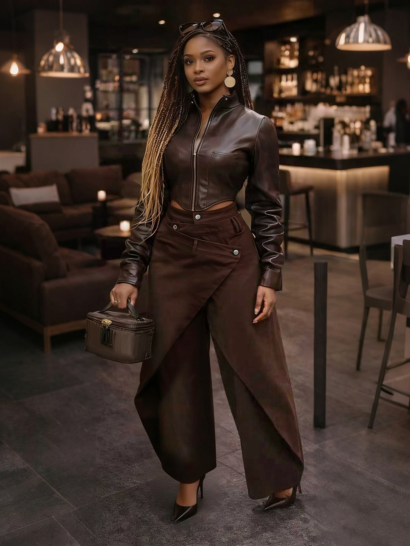 S391529 American Retro Spicy Girl Style Irregular Wide-Leg Pants High Waist Cross Metal Buckle Slimming Draping Trousers