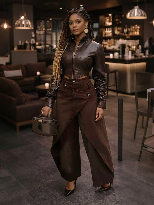 S391529 American Retro Spicy Girl Style Irregular Wide-Leg Pants High Waist Cross Metal Buckle Slimming Draping Trousers