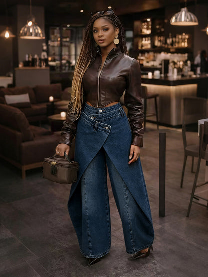 S391529 American Retro Spicy Girl Style Irregular Wide-Leg Pants High Waist Cross Metal Buckle Slimming Draping Trousers