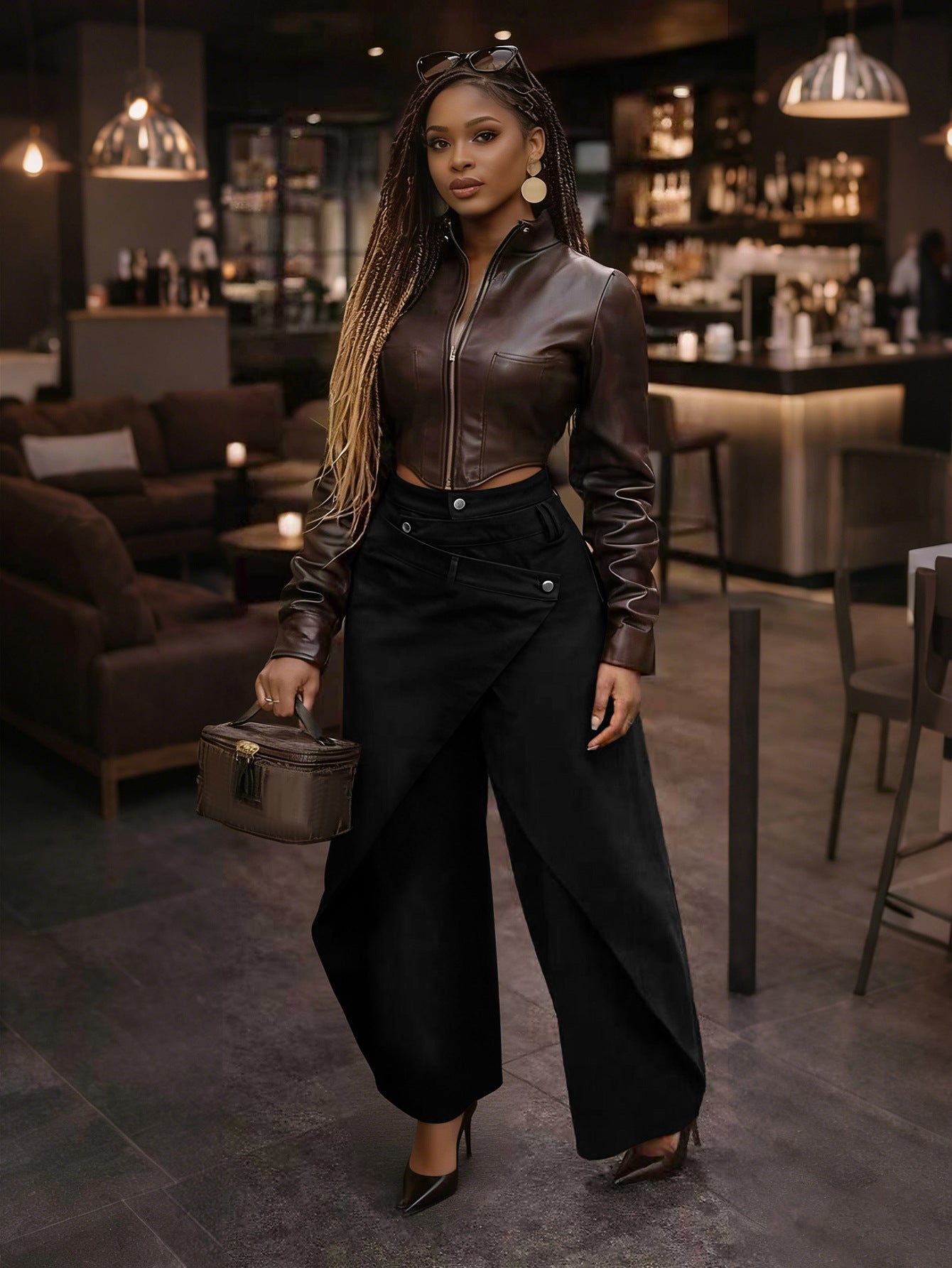 S391529 American Retro Spicy Girl Style Irregular Wide-Leg Pants High Waist Cross Metal Buckle Slimming Draping Trousers