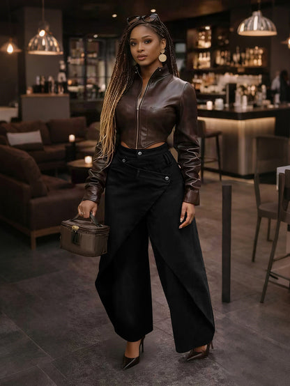 S391529 American Retro Spicy Girl Style Irregular Wide-Leg Pants High Waist Cross Metal Buckle Slimming Draping Trousers