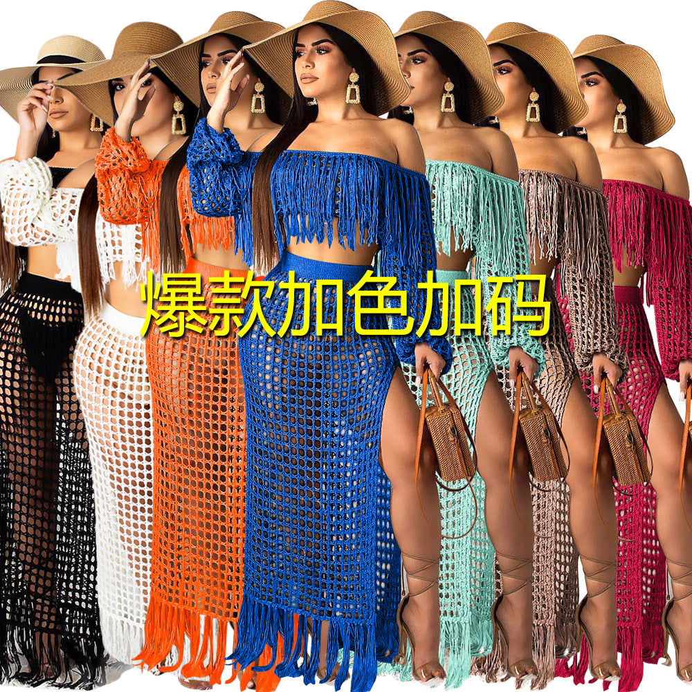S3554 Cross-Border Hot Sale Summer New Style Cut Out Sexy Fashion Mesh Tassel See-Through Two-Piece Suit for Women
