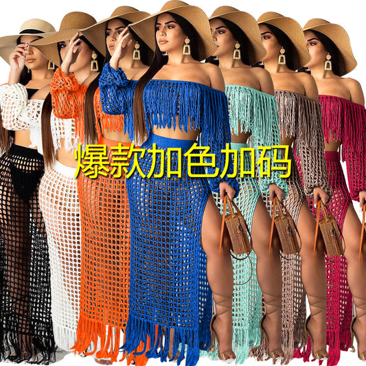S3554 Cross-Border Hot Sale Summer New Style Cut Out Sexy Fashion Mesh Tassel See-Through Two-Piece Suit for Women