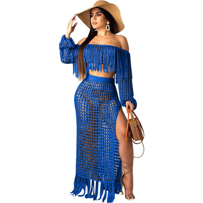 S3554 Cross-Border Hot Sale Summer New Style Cut Out Sexy Fashion Mesh Tassel See-Through Two-Piece Suit for Women