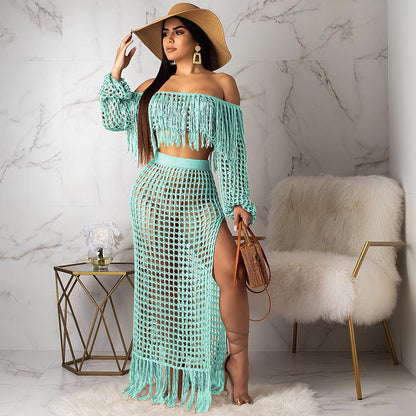 S3554 Cross-Border Hot Sale Summer New Style Cut Out Sexy Fashion Mesh Tassel See-Through Two-Piece Suit for Women