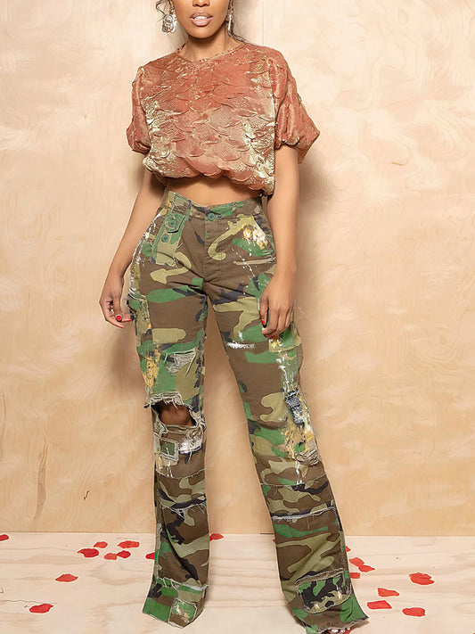 S391408 Cross-Border Women's Fashion Casual Camouflage Print Multi-Flap Pocket Pants Street Trendy Workwear Straight Pants