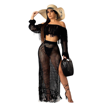 S3554 Cross-Border Hot Sale Summer New Style Cut Out Sexy Fashion Mesh Tassel See-Through Two-Piece Suit for Women