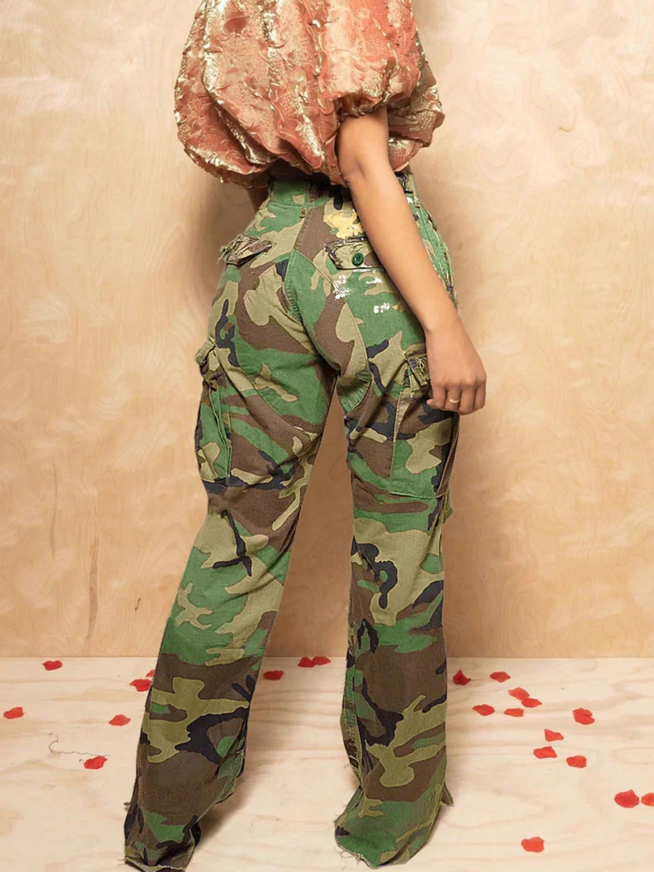 S391408 Cross-Border Women's Fashion Casual Camouflage Print Multi-Flap Pocket Pants Street Trendy Workwear Straight Pants