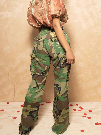 S391408 Cross-Border Women's Fashion Casual Camouflage Print Multi-Flap Pocket Pants Street Trendy Workwear Straight Pants