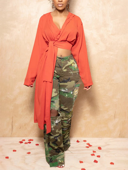 S391408 Cross-Border Women's Fashion Casual Camouflage Print Multi-Flap Pocket Pants Street Trendy Workwear Straight Pants