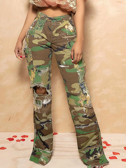 S391408 Cross-Border Women's Fashion Casual Camouflage Print Multi-Flap Pocket Pants Street Trendy Workwear Straight Pants