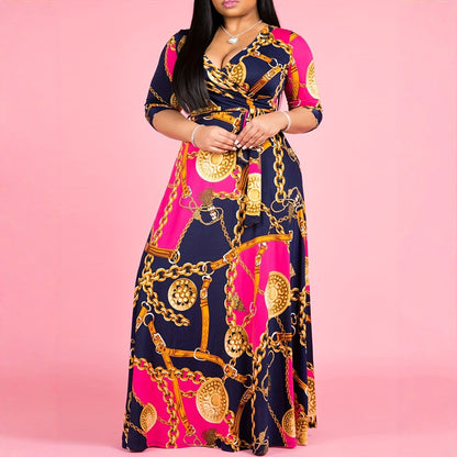 S390625 Sexy Printed Bandage Patchwork V Neck Straight-Leg Dress