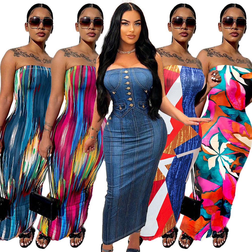 S390584 Cross-Border European and American Summer Fashion Elegant Elegant Printed Pullover Sleeveless Dress Women's Mid-Length