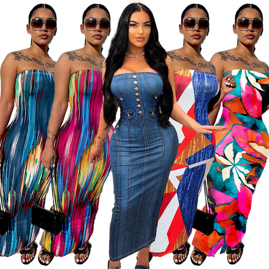 S390584 Cross-Border European and American Summer Fashion Elegant Elegant Printed Pullover Sleeveless Dress Women's Mid-Length