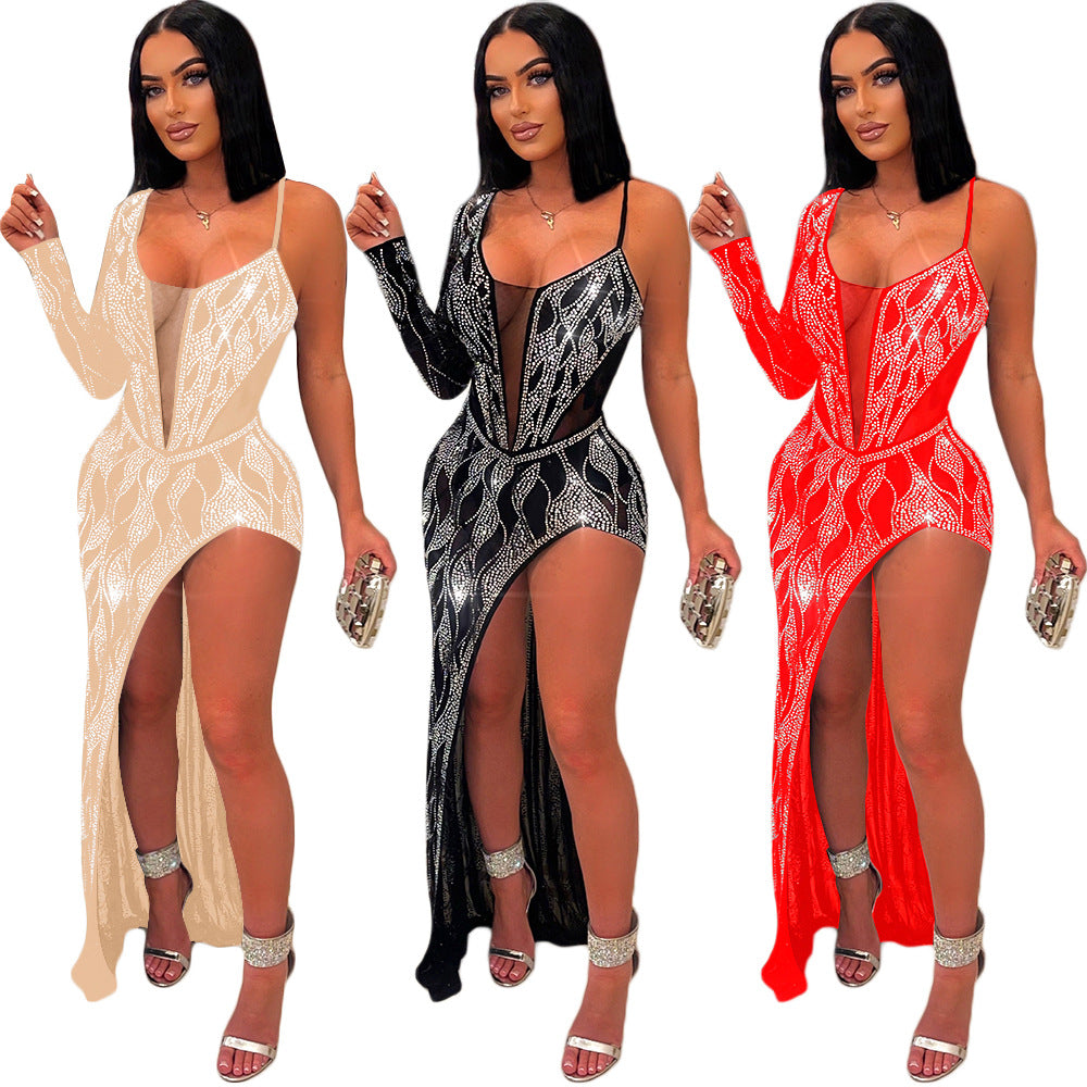 S390434 Cross-Border Amazon Ebay Women's Sexy See-Through Hot Diamond Long-Sleeved Dress Women's Nightclub Evening Dress