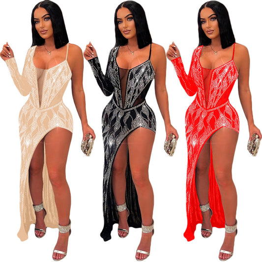 S390434 Cross-Border Amazon Ebay Women's Sexy See-Through Hot Diamond Long-Sleeved Dress Women's Nightclub Evening Dress