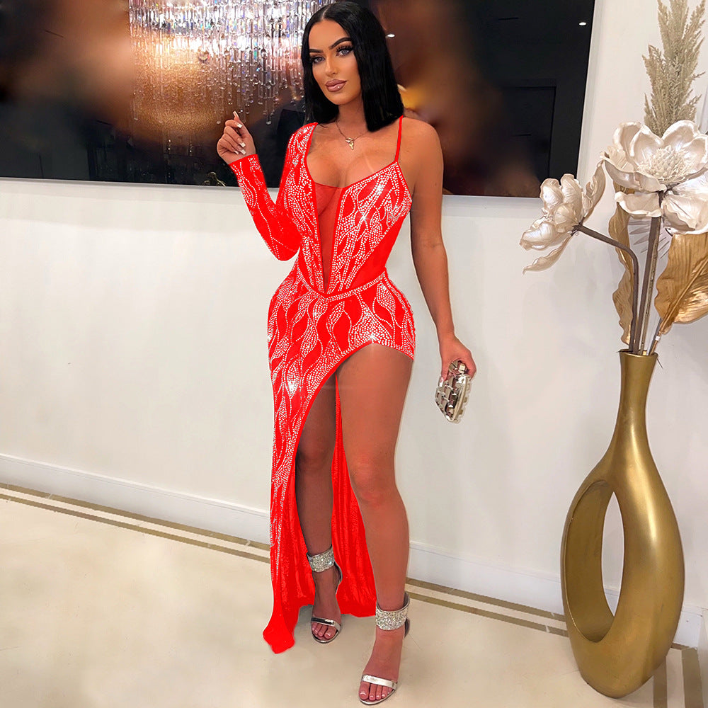 S390434 Cross-Border Amazon Ebay Women's Sexy See-Through Hot Diamond Long-Sleeved Dress Women's Nightclub Evening Dress