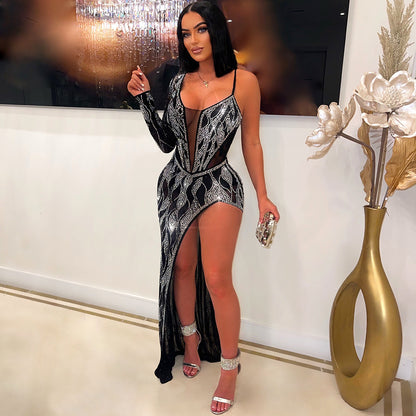 S390434 Cross-Border Amazon Ebay Women's Sexy See-Through Hot Diamond Long-Sleeved Dress Women's Nightclub Evening Dress