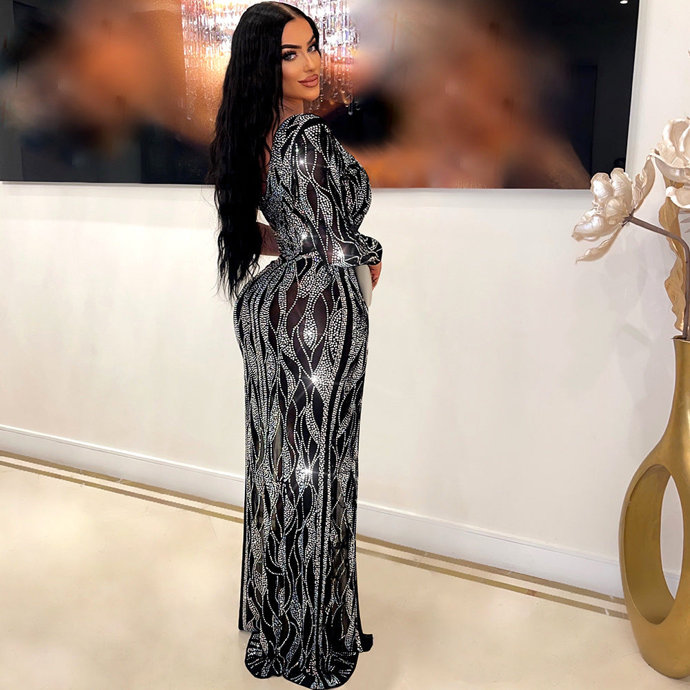 S390434 Cross-Border Amazon Ebay Women's Sexy See-Through Hot Diamond Long-Sleeved Dress Women's Nightclub Evening Dress