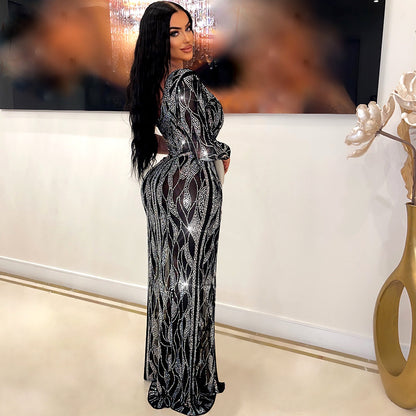 S390434 Cross-Border Amazon Ebay Women's Sexy See-Through Hot Diamond Long-Sleeved Dress Women's Nightclub Evening Dress