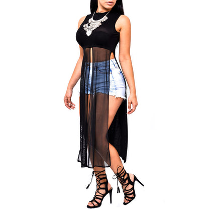 2020 Aliexpress Hot Selling European and American Fashion Sexy Sleeveless Mesh Patchwork Dress in Multiple Colors in Stock