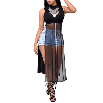 2020 Aliexpress Hot Selling European and American Fashion Sexy Sleeveless Mesh Patchwork Dress in Multiple Colors in Stock