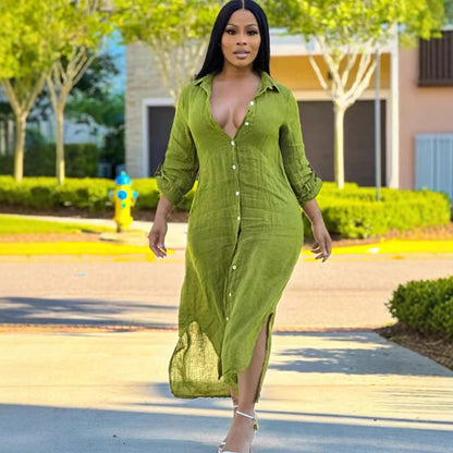 S391137 Cross-Border European and American Women's Summer Fashion Casual Long Shirt Dress with Side Slits and Elegant See-Through Dress