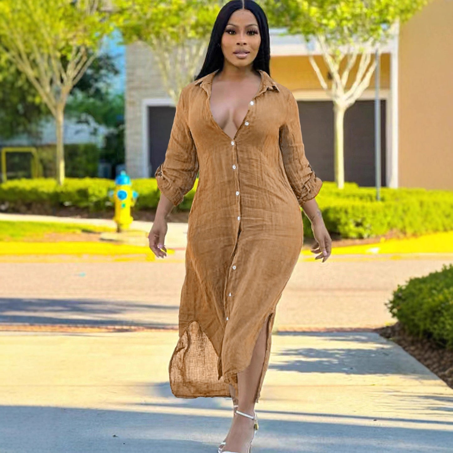 S391137 Cross-Border European and American Women's Summer Fashion Casual Long Shirt Dress with Side Slits and Elegant See-Through Dress