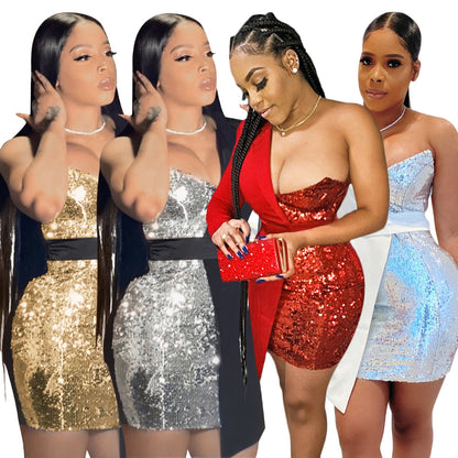 S390210 Cross-Border Amazon Ebay Women's Sexy Sequin Waist-Revealing Single-Sided Long-Sleeved Party Nightclub Dress