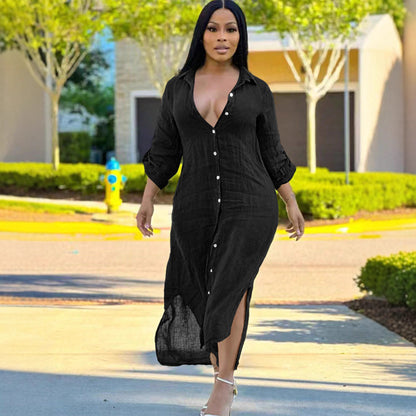 S391137 Cross-Border European and American Women's Summer Fashion Casual Long Shirt Dress with Side Slits and Elegant See-Through Dress