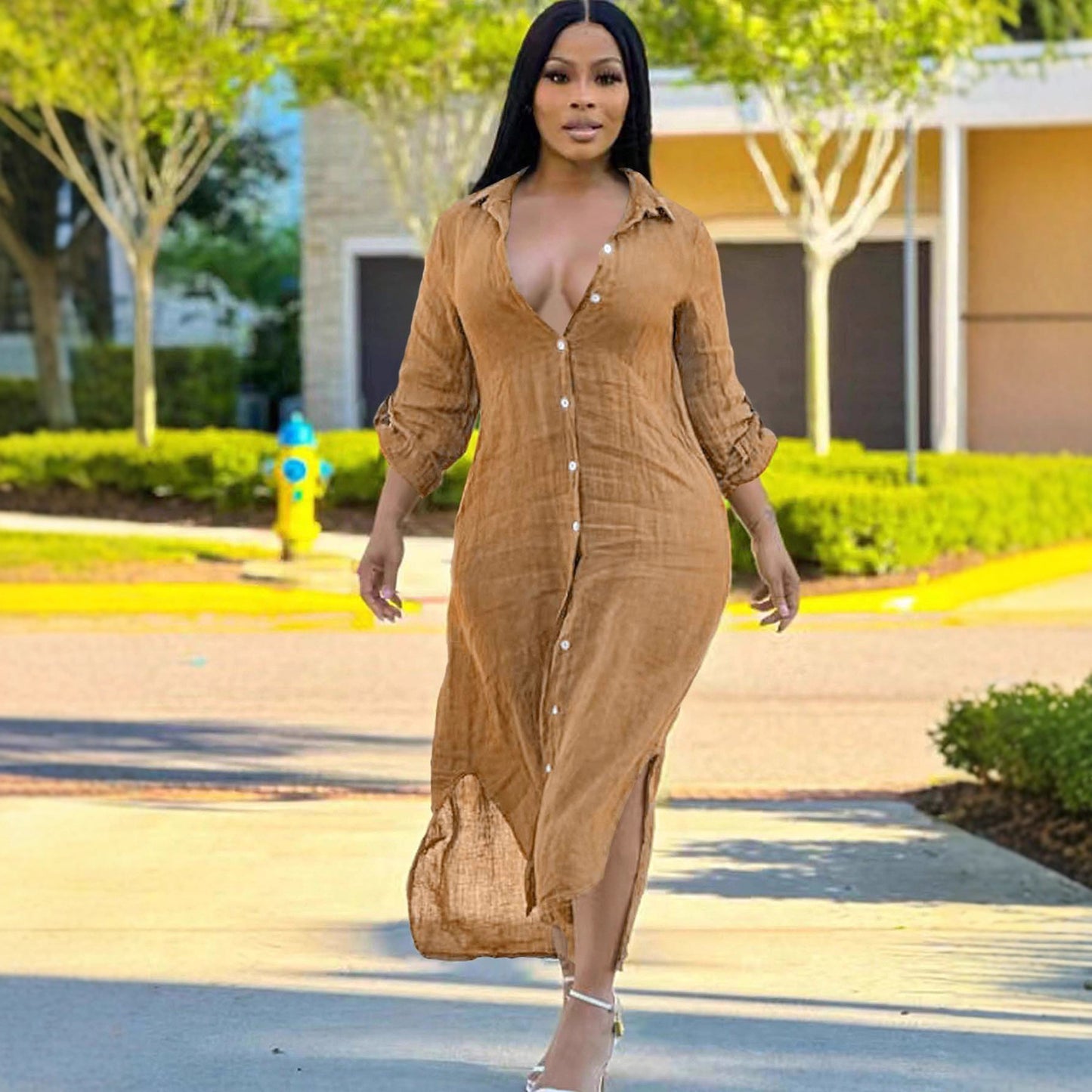 S391137 Cross-Border European and American Women's Summer Fashion Casual Long Shirt Dress with Side Slits and Elegant See-Through Dress