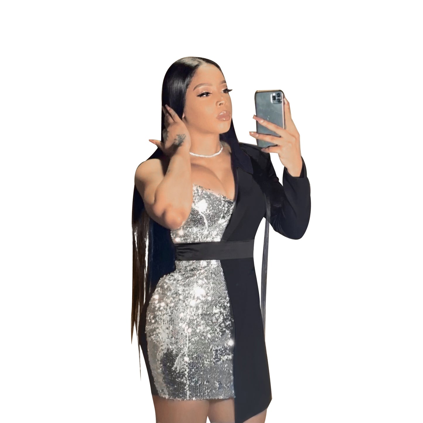 S390210 Cross-Border Amazon Ebay Women's Sexy Sequin Waist-Revealing Single-Sided Long-Sleeved Party Nightclub Dress