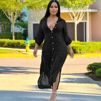 S391137 Cross-Border European and American Women's Summer Fashion Casual Long Shirt Dress with Side Slits and Elegant See-Through Dress