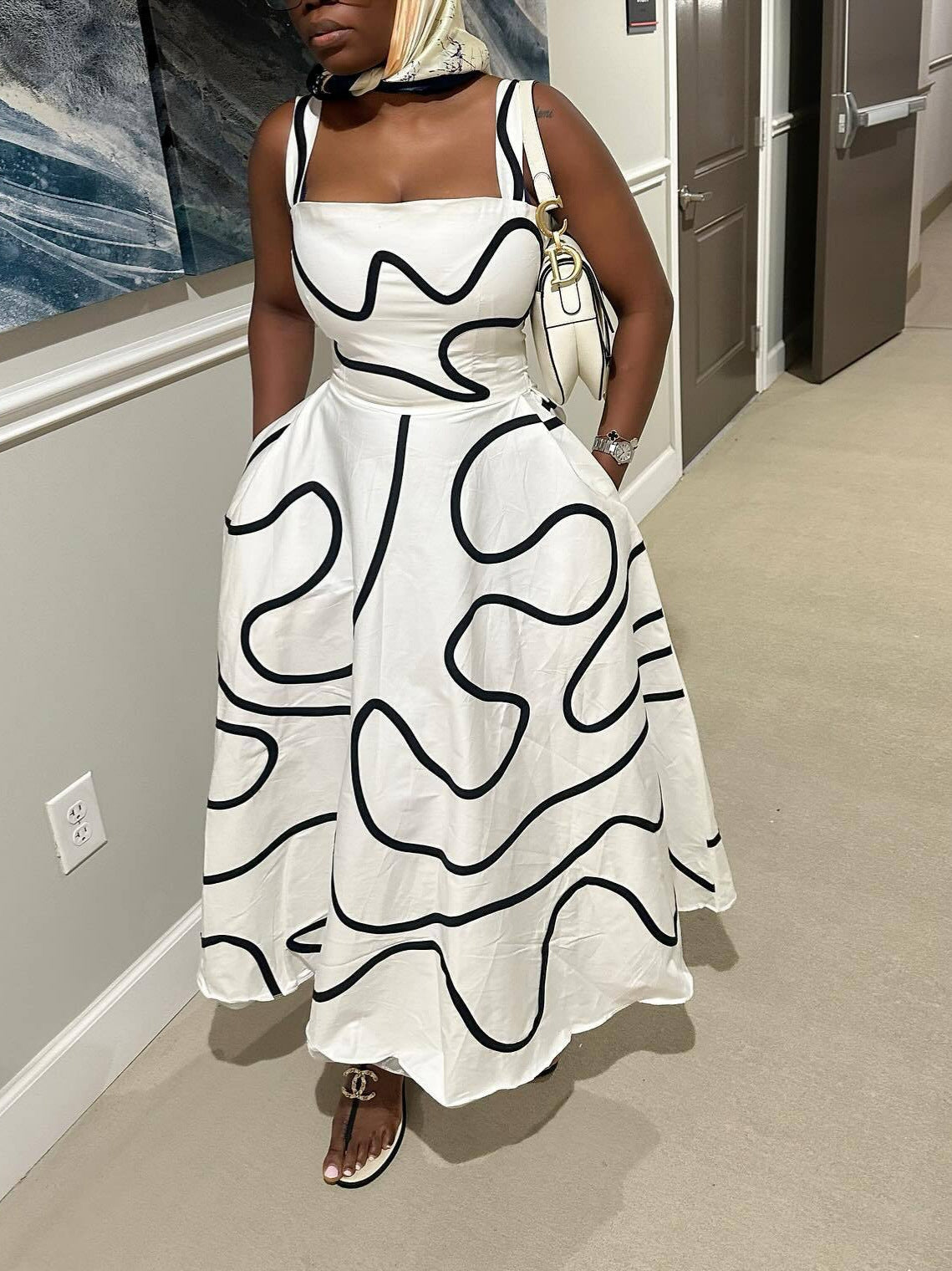 S391552 Cross-Border Summer Color Line Printed Square Collar Dress Women's Spring and Summer Sleeveless High Waist A- line Dress
