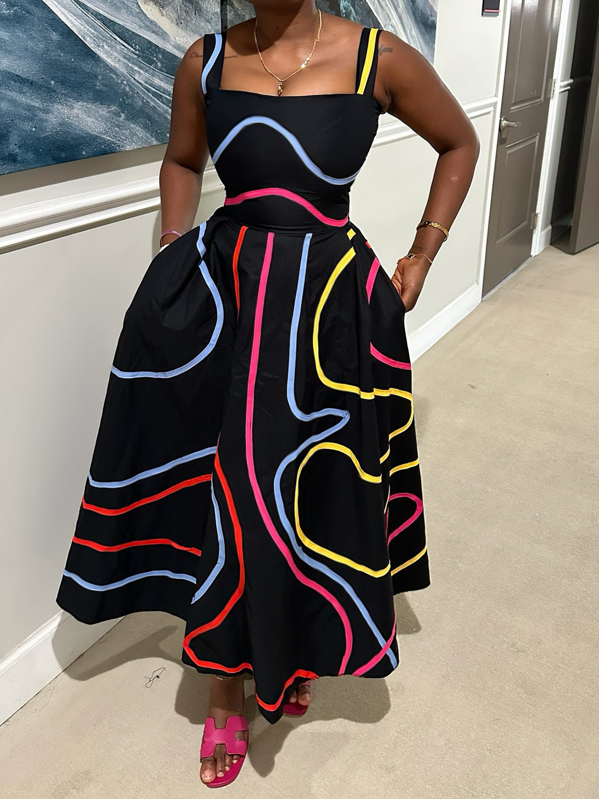 S391552 Cross-Border Summer Color Line Printed Square Collar Dress Women's Spring and Summer Sleeveless High Waist A- line Dress