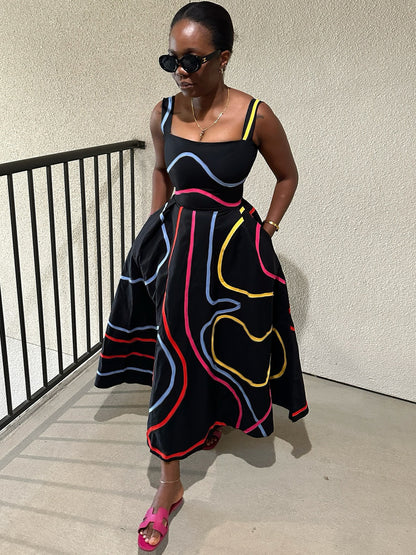S391552 Cross-Border Summer Color Line Printed Square Collar Dress Women's Spring and Summer Sleeveless High Waist A- line Dress