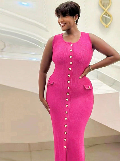 S391358 Cross-Border Export Women's Casual Fashion Pure Color Sleeveless Single-Breasted Elegant Slit Pit Dress