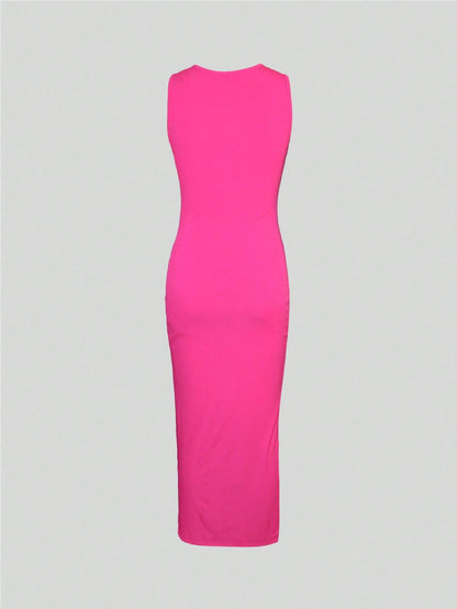 S391358 Cross-Border Export Women's Casual Fashion Pure Color Sleeveless Single-Breasted Elegant Slit Pit Dress