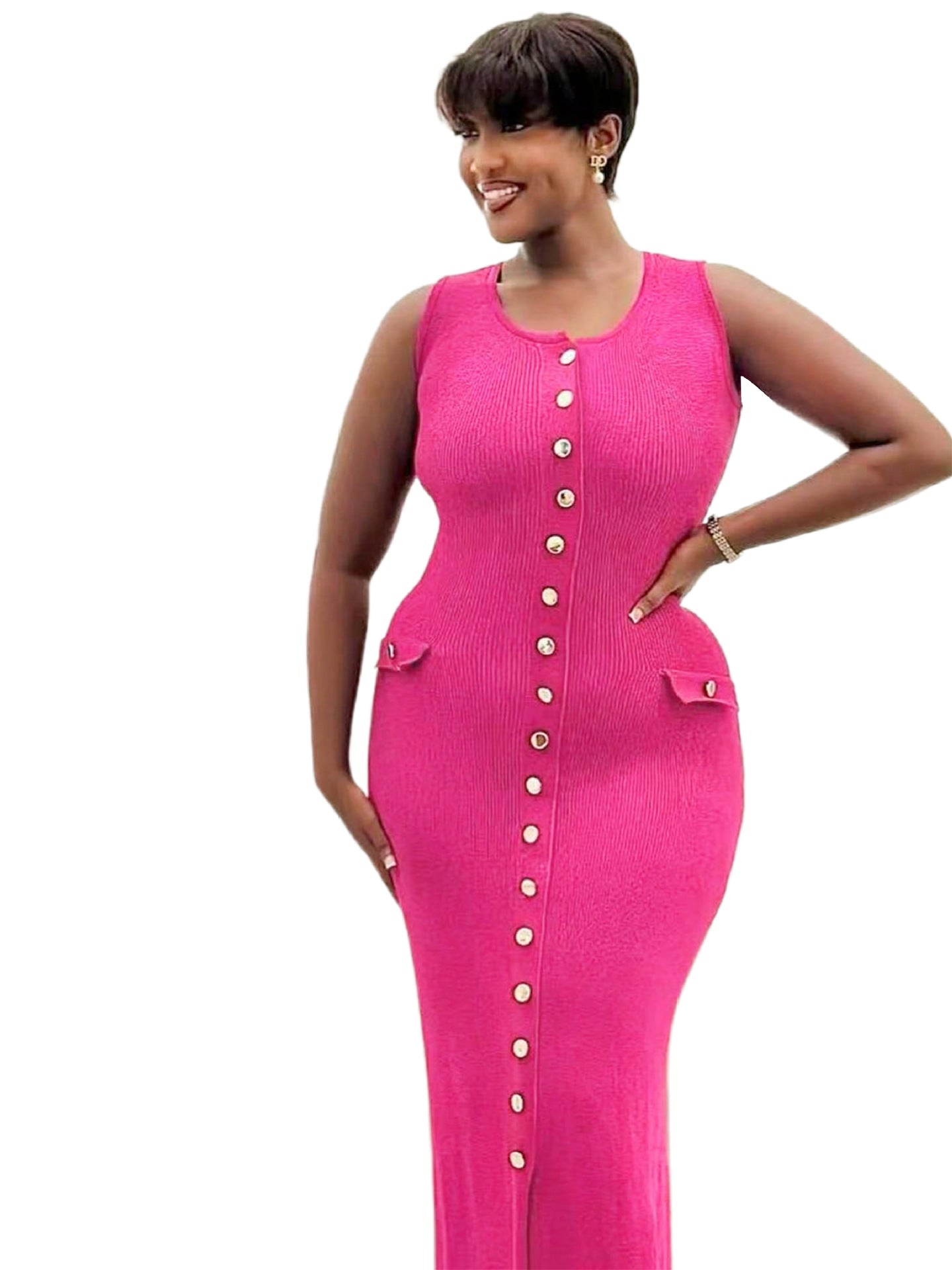S391358 Cross-Border Export Women's Casual Fashion Pure Color Sleeveless Single-Breasted Elegant Slit Pit Dress