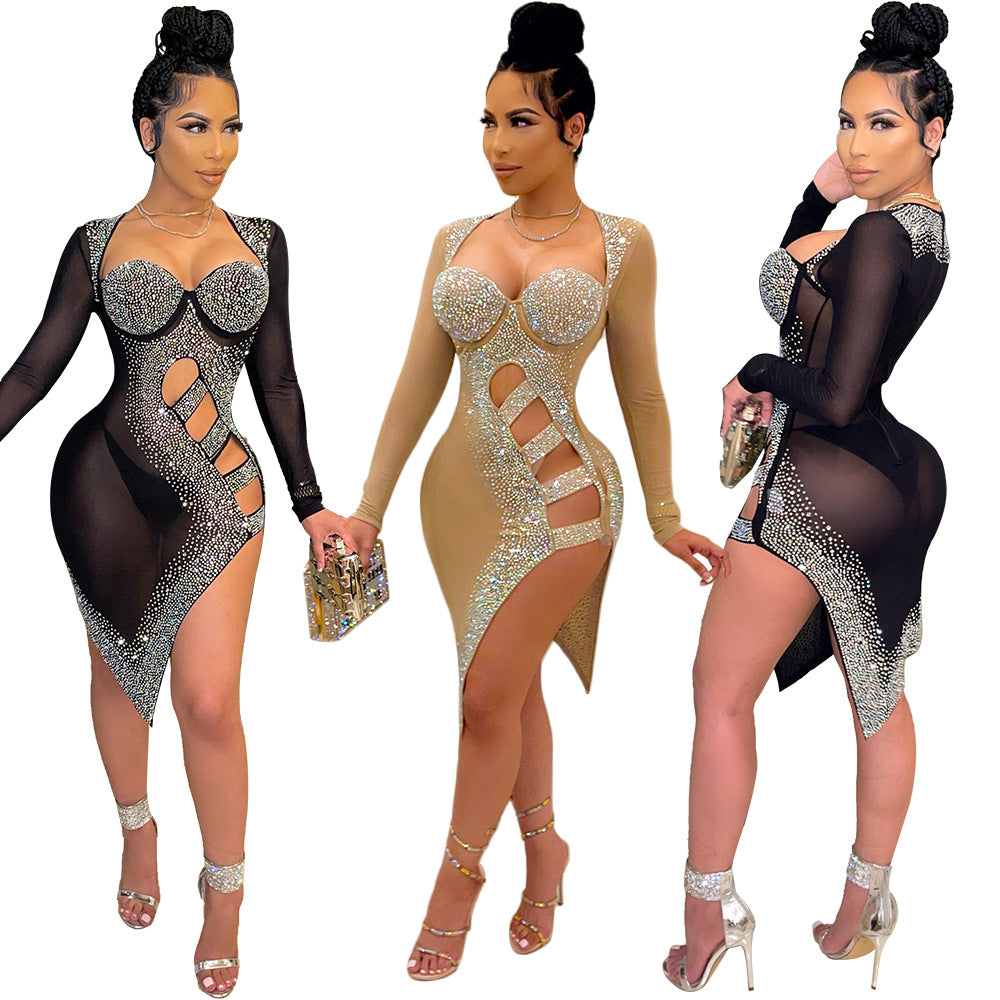 S390167 Cross-Border Women's Hollow Sexy Mesh Hot Diamond Long-Sleeved Dress Fashionable One-Step Skirt for Women